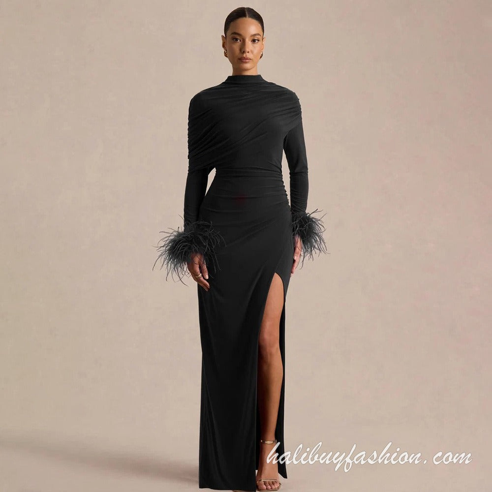 Feather long sleeve high slit solid ruched 2 piece dress maxi - Halibuy - 12
