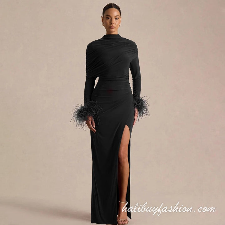 Feather long sleeve high slit solid ruched 2 piece dress maxi - Halibuy - 12