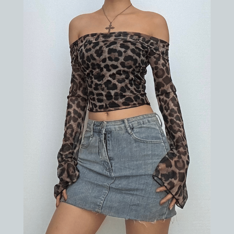 Long sleeve off shoulder leopard print ruffle top  | Festival Outfits Women  | Cheetah Print Top