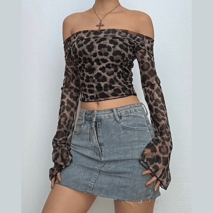 Long sleeve off shoulder leopard print ruffle top  | Festival Outfits Women  | Cheetah Print Top