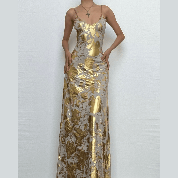 V neck backless metallic print contrast cami maxi dress  | Festival Outfits Women