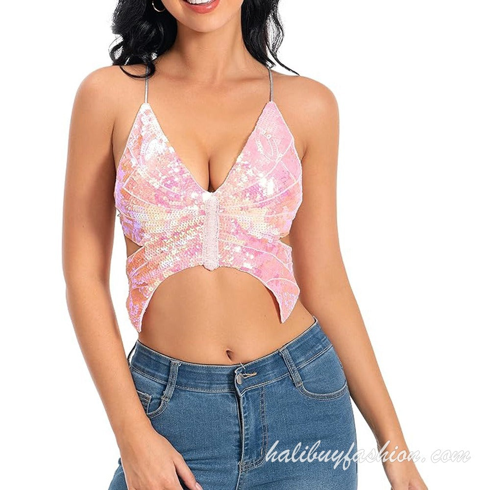Spaghetti strap sleeveless glitter butterfly pattern deep v neck crop top - Halibuy - 12