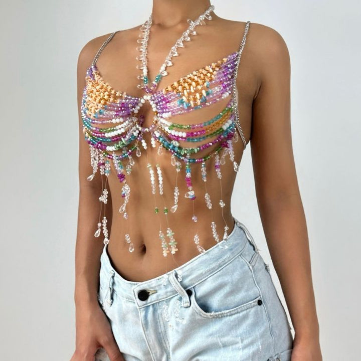 Halter beaded contrast hollow out cut out top  | Festival Outfits Women