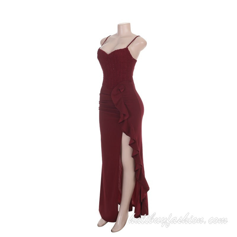 Spaghetti strap ruffle high slit backless satin cami maxi dress - Halibuy - 12
