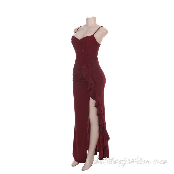 Spaghetti strap ruffle high slit backless satin cami maxi dress - Halibuy - 12