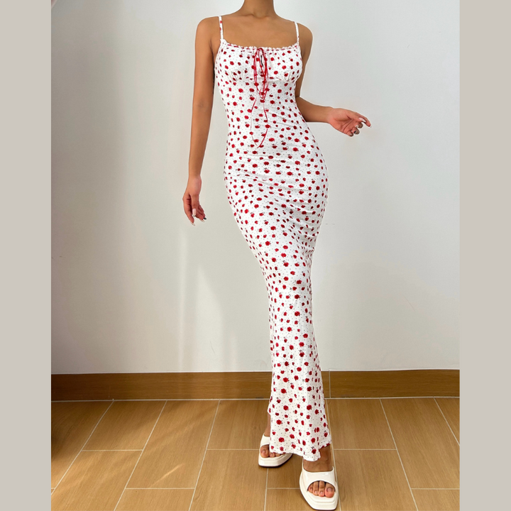Bowknot ribbon stitch flower print polka dot cami maxi dress  | Festival Outfits Women