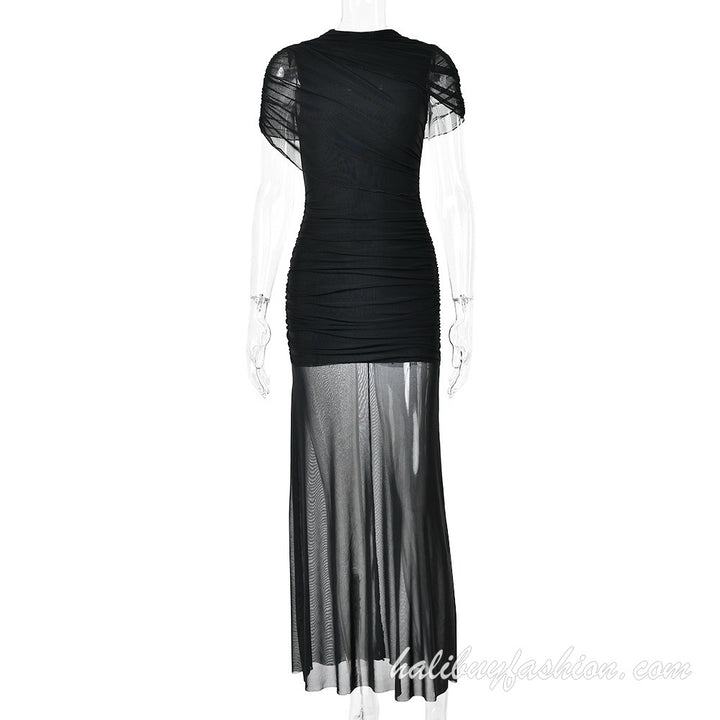 Solid mesh ruched high neck cap sleeve maxi dress - Halibuy - 12