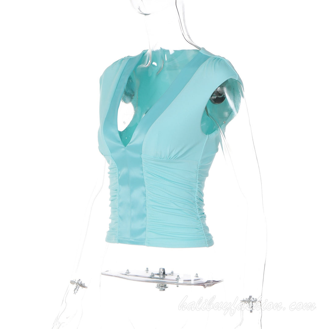 Deep v neck ruched cap sleeve solid knit top - Halibuy - 12