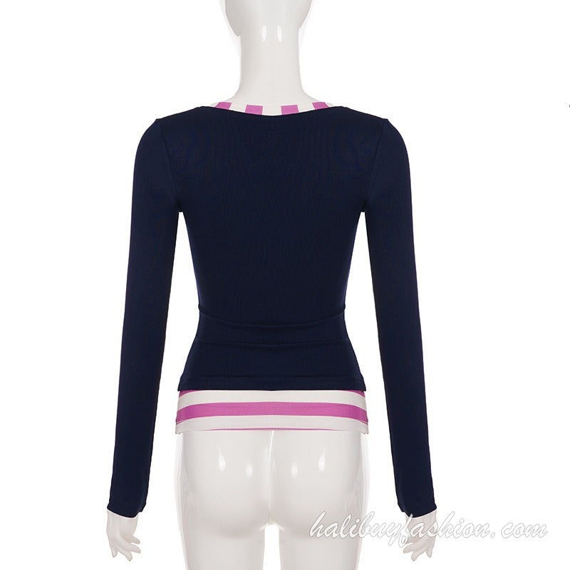 Long sleeve deep v neck cross front striped ruched knitted top - Halibuy - 12