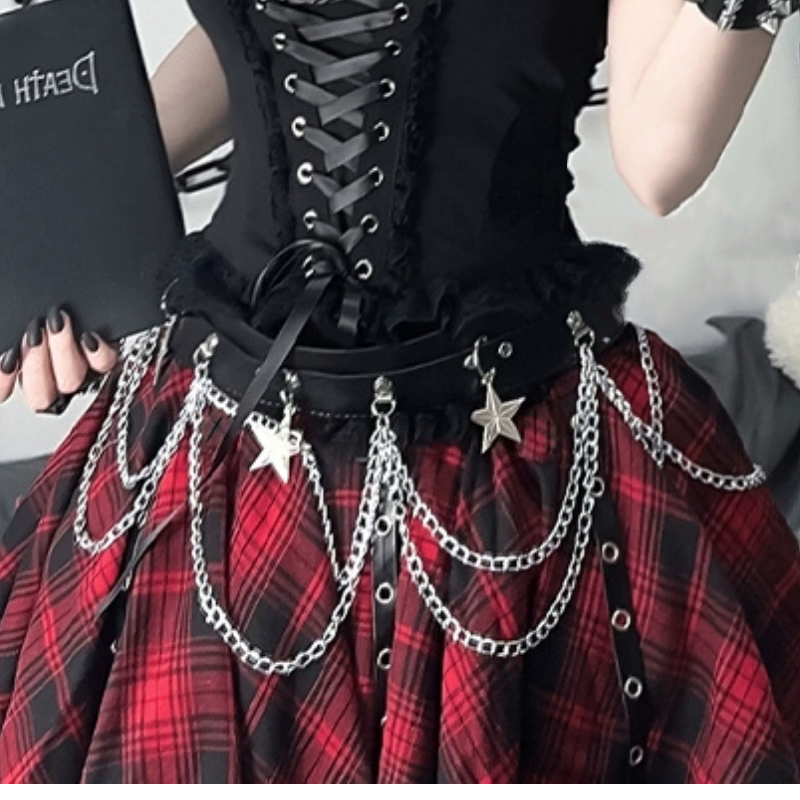 U neck plaid lace hem waist chain top  | Festival Outfits Women