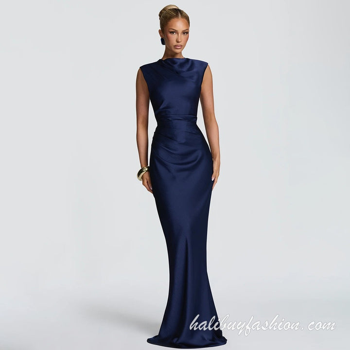 Sleeveless satin backless lace up solid high neck maxi dress - Halibuy - 12
