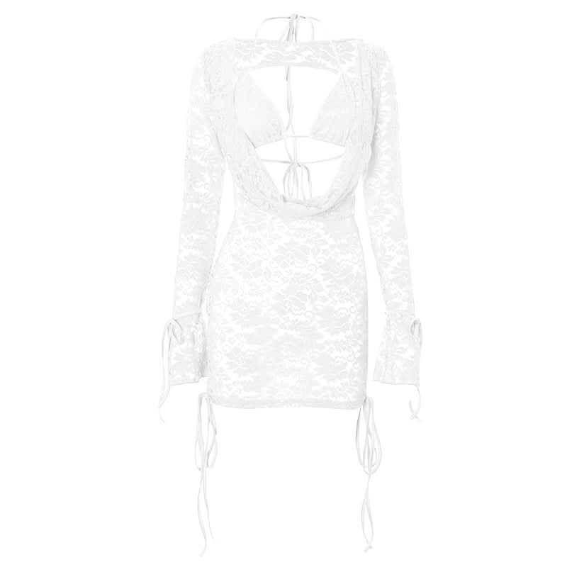 Long sleeve lace hollow out self tie 2 piece mini skirt set  | Festival Outfits Women