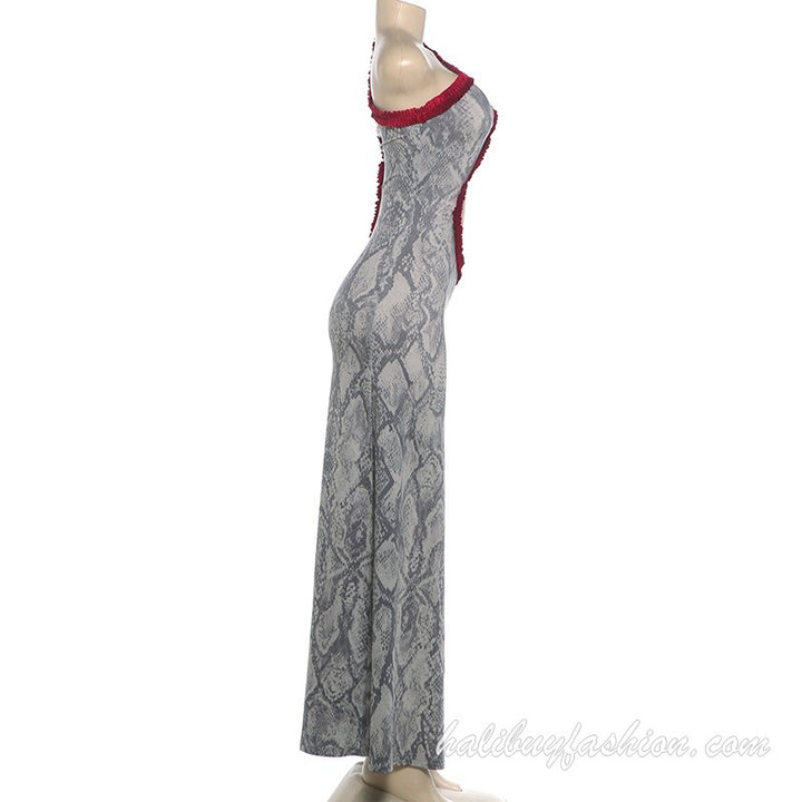 One shoulder snakeskin print hollow out high slit ruffle maxi dress - Halibuy - 12