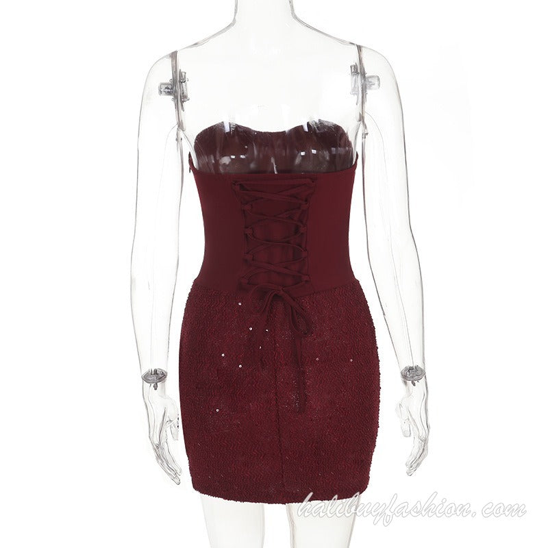 Halter sweetheart neck solid backless bustier self tie mini dress - Halibuy - 12