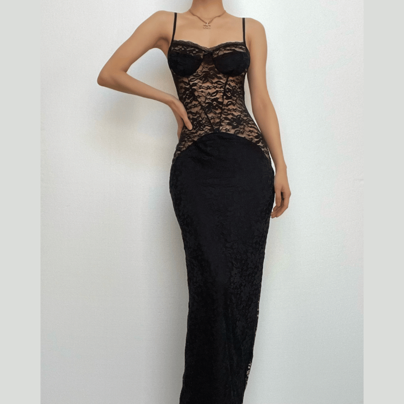 Button slit zip-up solid lace low cut maxi dress-final-sale  | Festival Outfits Women
