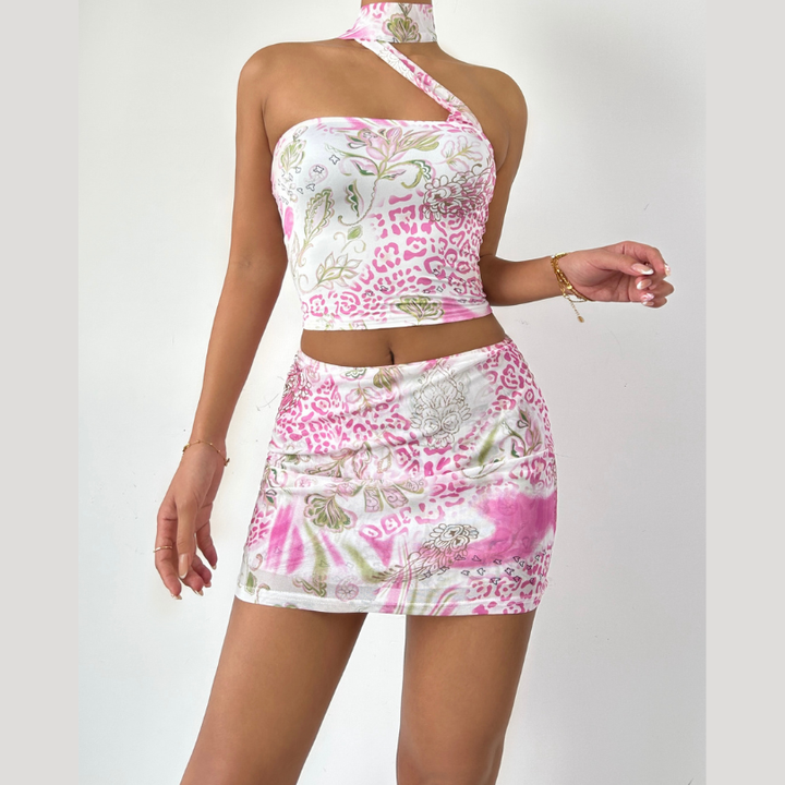 Halter contrast leopard print ribbon mini skirt set  | Leopard Print Mini Dress