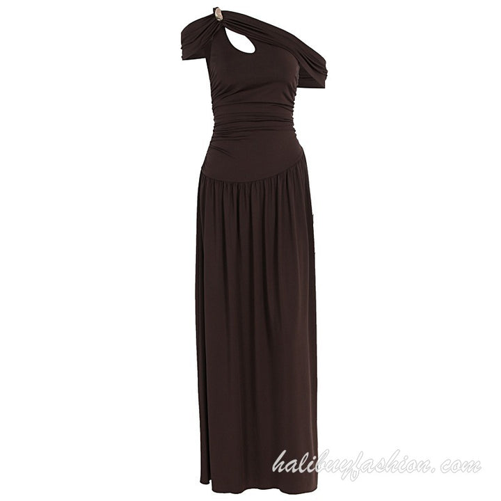 One shoulder ruched hollow out pleated solid o ring maxi dress - Halibuy - 12