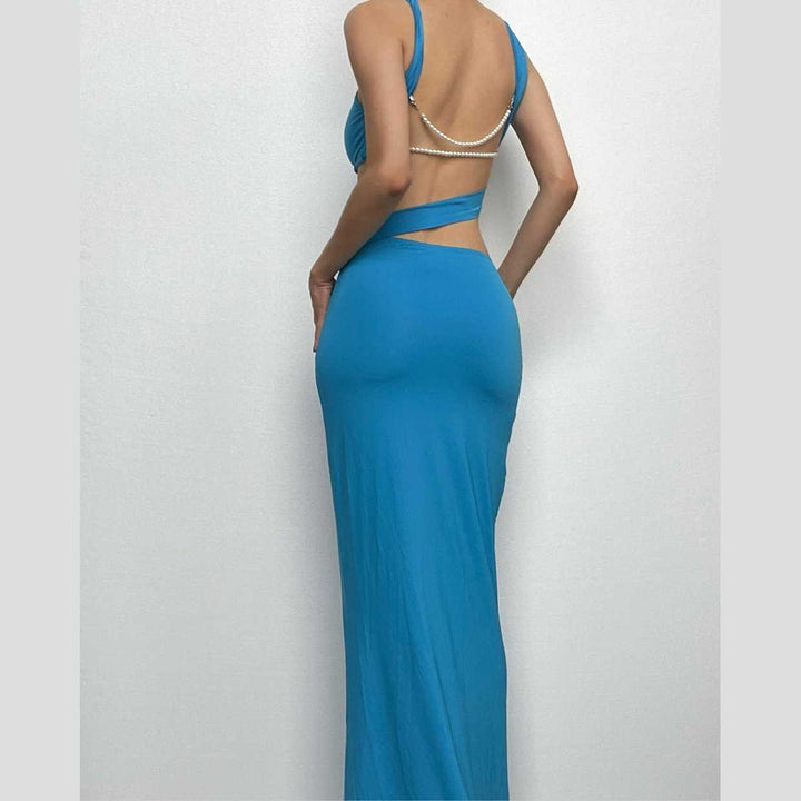 Backless hollow out o ring pearl chain solid cut out maxi dress-final-sale  | Festival Outfits Women