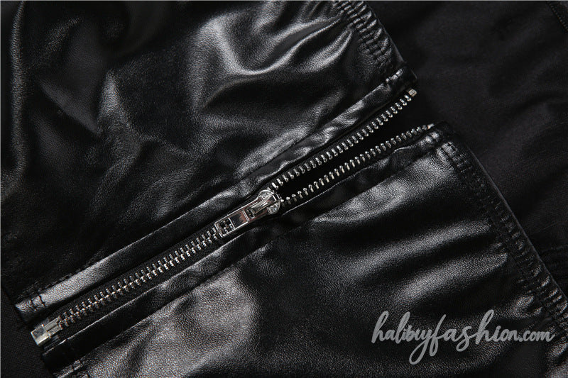 PU leather buckle zip-up tube crop top