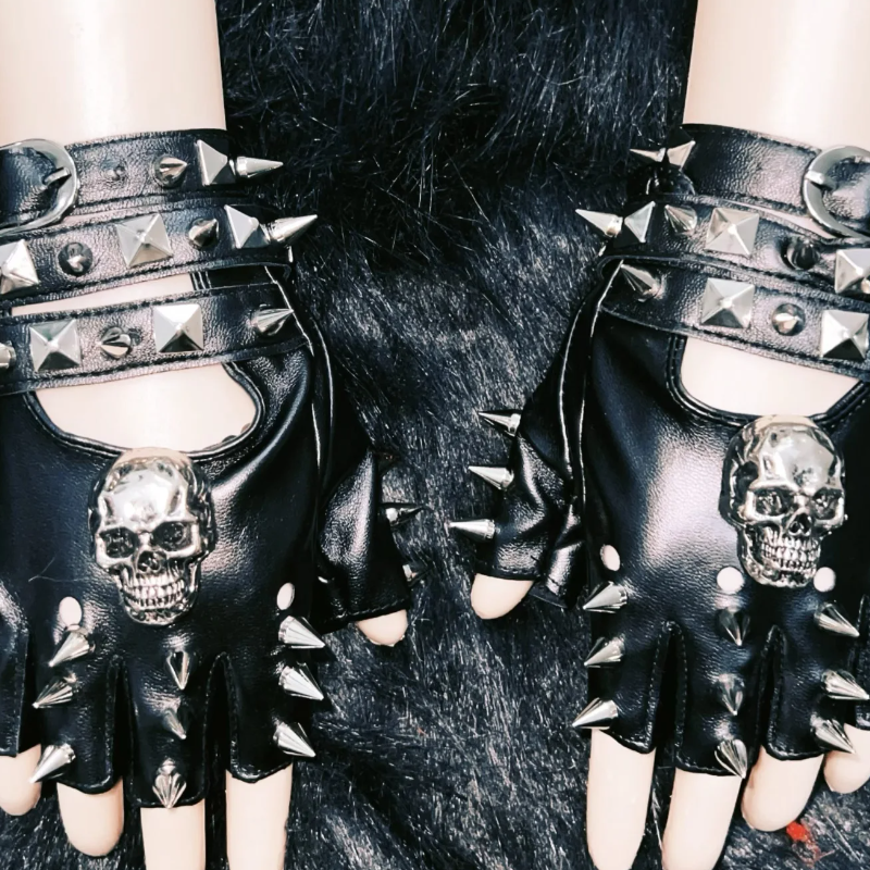 Skull applique rivet hollow out gloves  | Festival Outfits Women