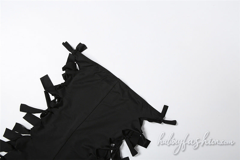 Hollow out self tie backless solid tube romper