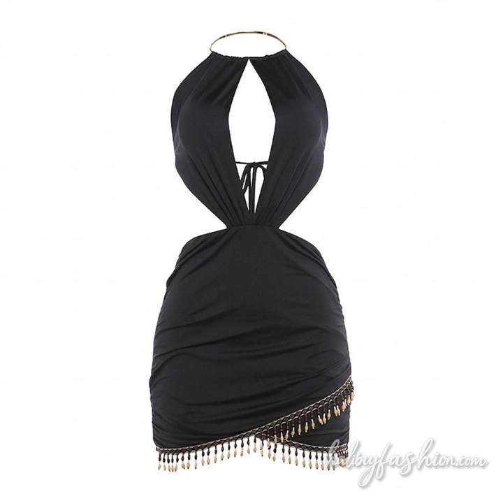 O ring halter ruched hollow out self tie mini dress