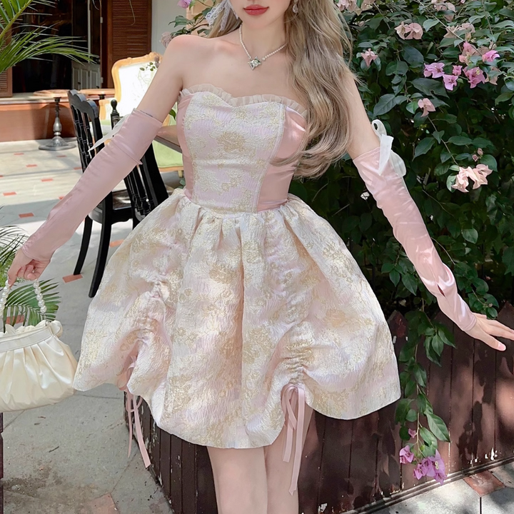 Sweetheart neck gloves drawstring ruffle lace up tube mini dress  | Festival Outfits Women