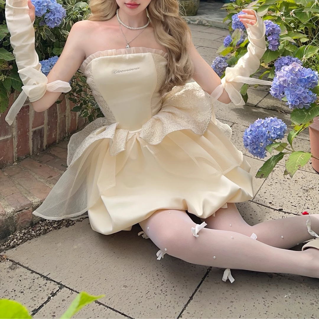 Embroidery ruffle gloves bowknot lace up tube mini dress  | Festival Outfits Women