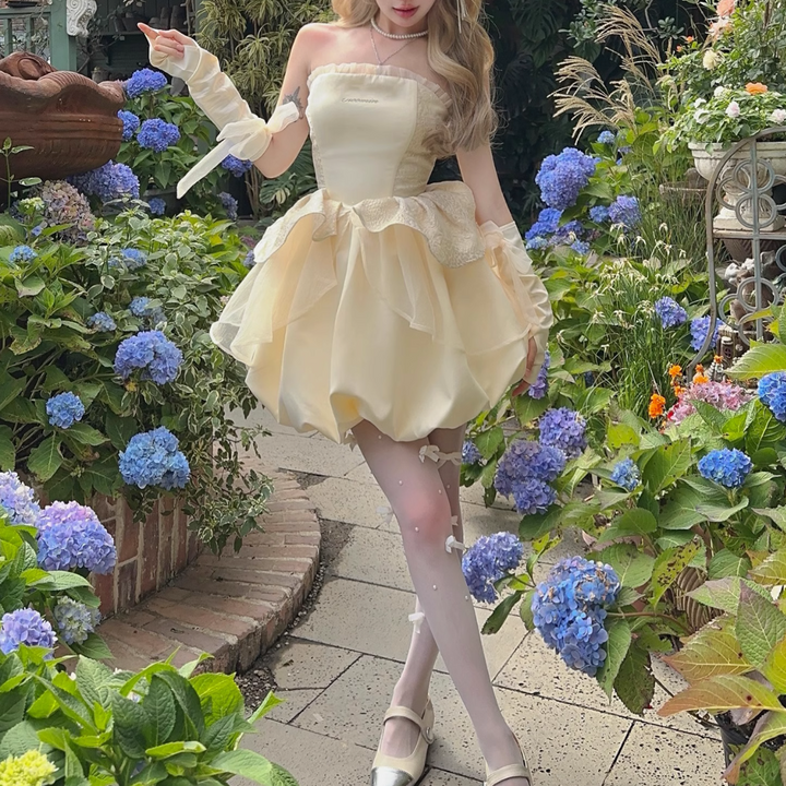 Embroidery ruffle gloves bowknot lace up tube mini dress  | Festival Outfits Women