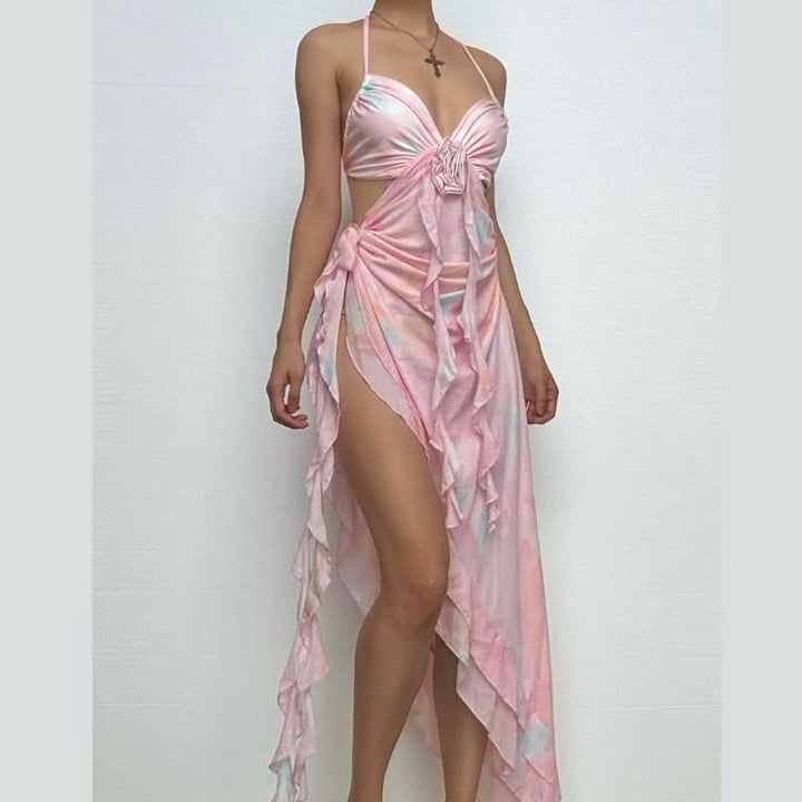 Halter flower applique ruffle backless slit maxi dress-final-sale