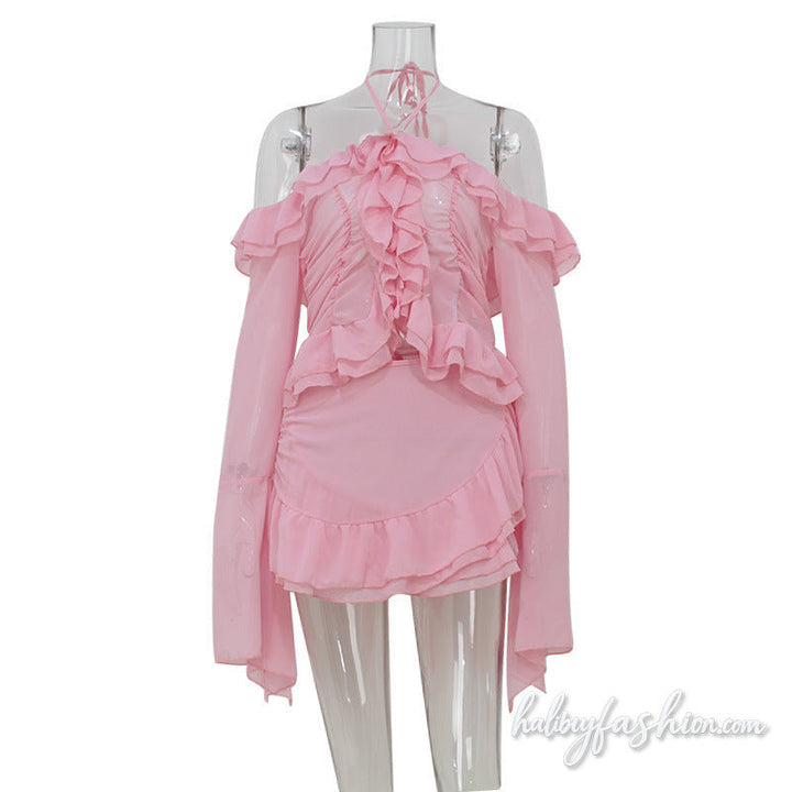 Long flared sleeve ruffle halter off shoulder mini skirt set