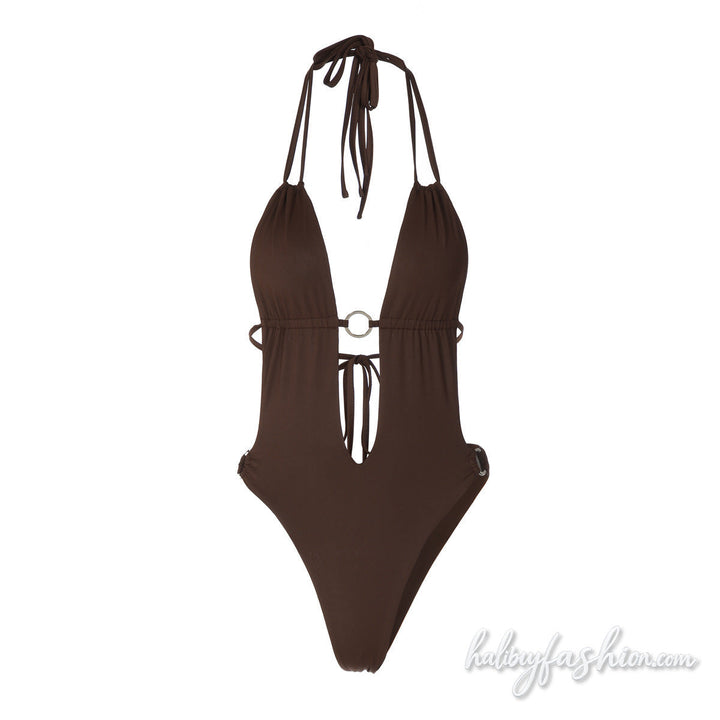 Halter self tie o ring hollow out backless bodysuit - Halibuy