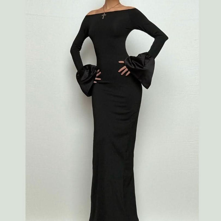 Long flared sleeve off shoulder ruched slit maxi dress-final-sale  | Festival Outfits Women
