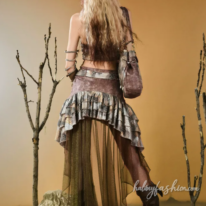Ruffle snakeskin print belt mesh midi skirt