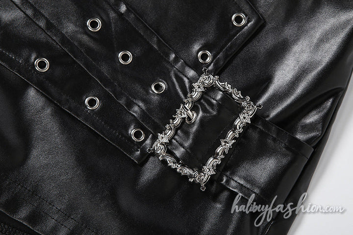 Buckle PU leather zip-up irregular short pant