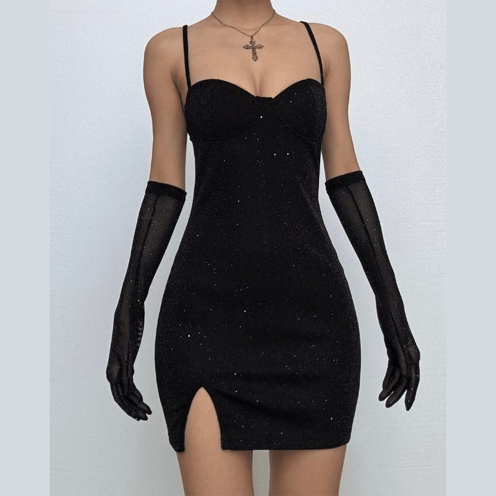 Gloves solid beaded slit sweetheart neck cami mini dress-final-sale
