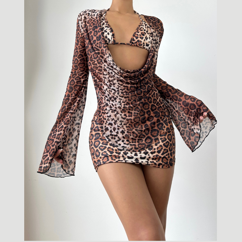 Leopard print long sleeve halter 3 piece mini skirt set  | Festival Outfits Women  | Leopard Print Mini Dress-final-sale