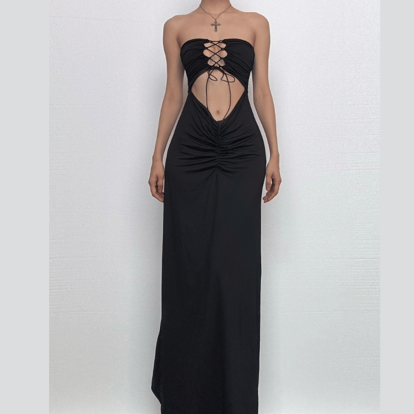 Ruched lace up backless hollow out tube cut out maxi dress  | Festival Outfits Women
