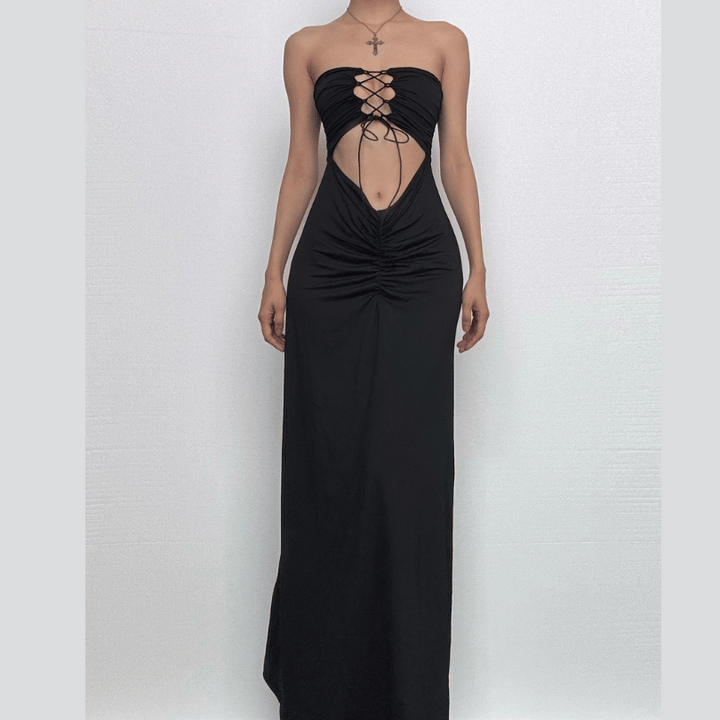 Ruched lace up backless hollow out tube cut out maxi dress  | Festival Outfits Women