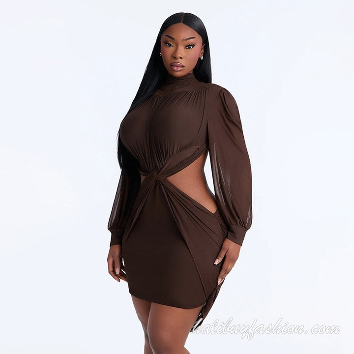 Long sleeve high neck cut out knotted solid ruched mini dress - Halibuy - 13