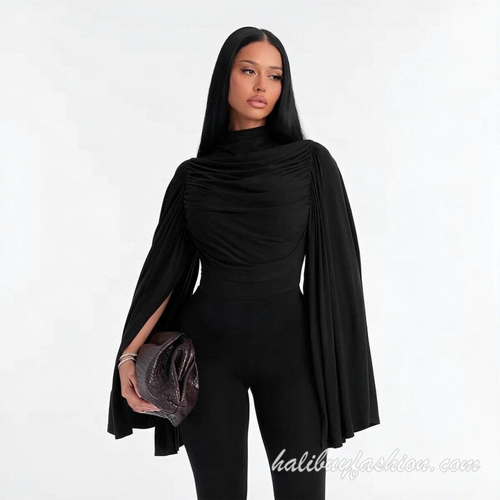 Turtle neck long flared sleeve ruched solid knit bodysuit - Halibuy - 13