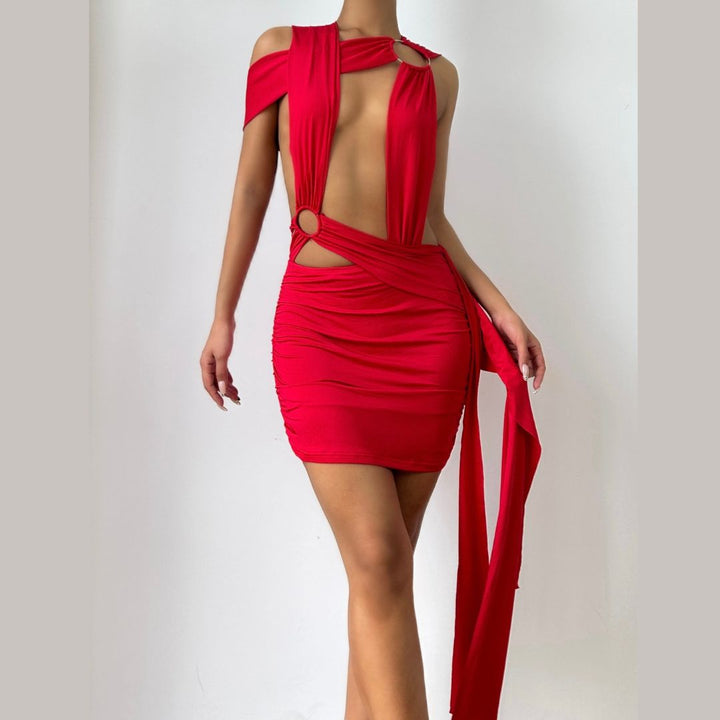 Ruched hollow out irregular o ring cut out mini dress  | Festival Outfits Women-final-sale