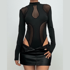 Long sleeve crewneck mesh patchwork bodysuit  | Festival Outfits Women