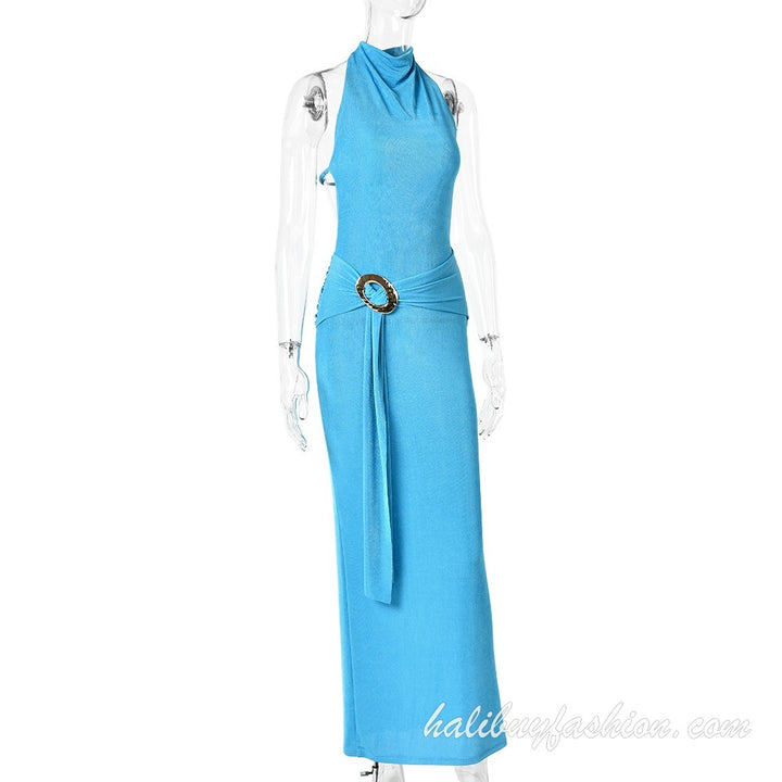 Halter sleeveless backless ruched solid buckle maxi dress - Halibuy - 13