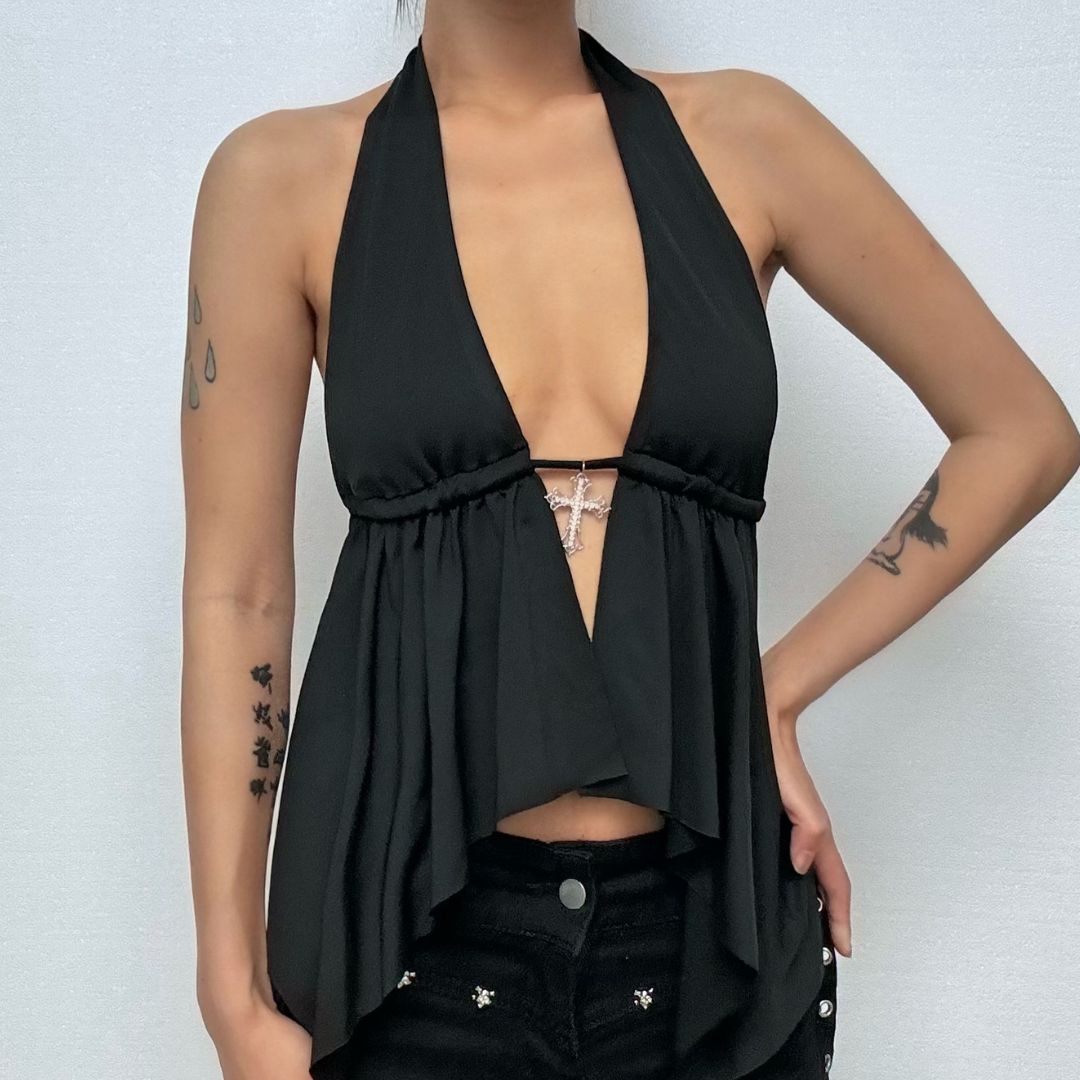 Self tie halter backless deep V neck top  | Festival Outfits Women