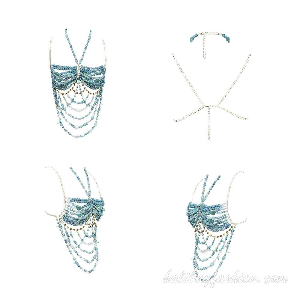 Halter beaded hollow out tassels crystal body chain - Halibuy - 13