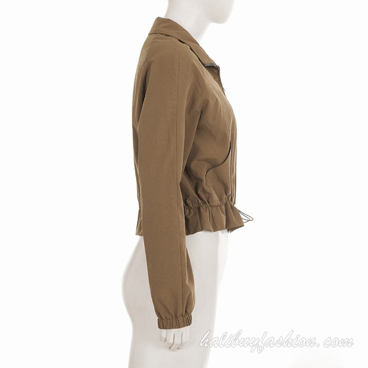Long sleeve solid high neck zip-up drawstring ruched pant set - Halibuy - 13