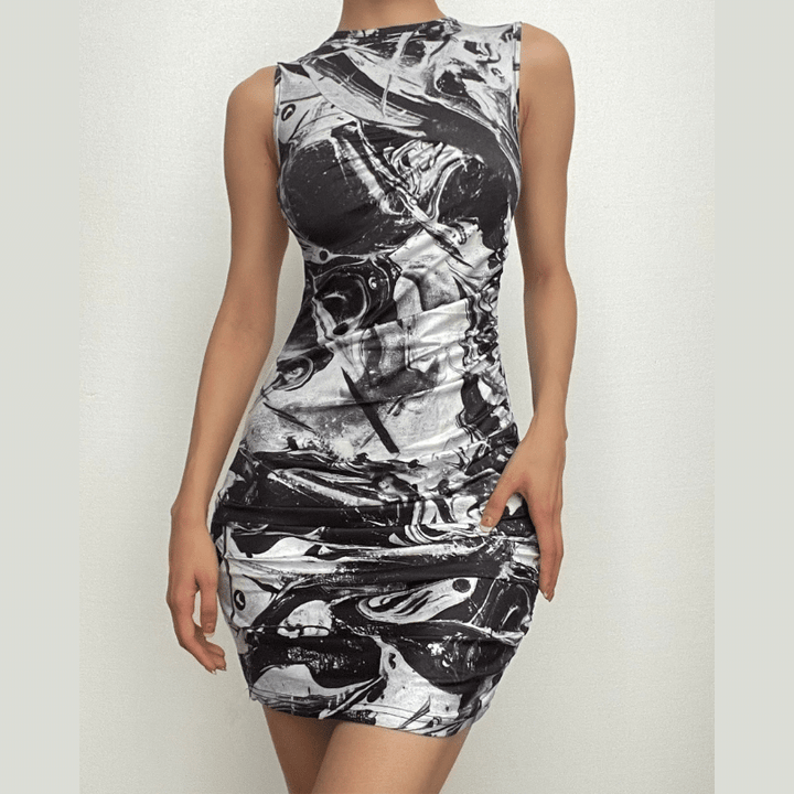 Tie dye contrast sleeveless ruched crewneck mini dress-final-sale