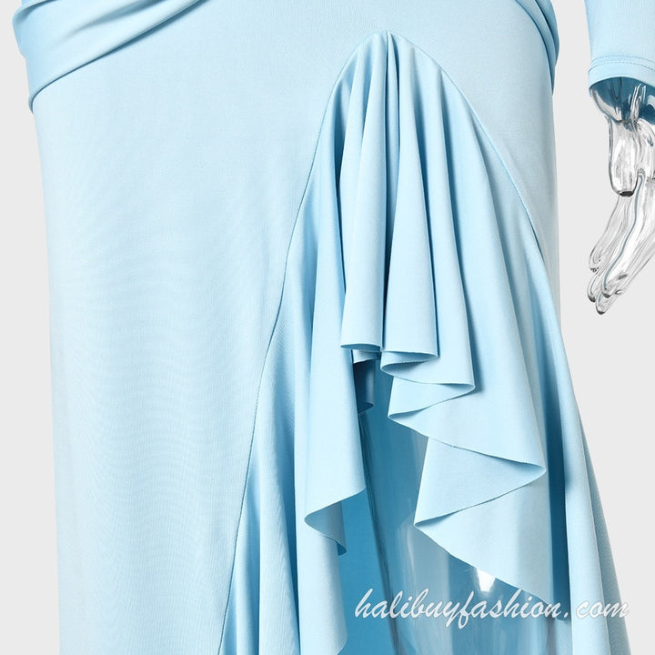 Solid long sleeve high neck knotted ruffle high slit maxi dress - Halibuy - 13