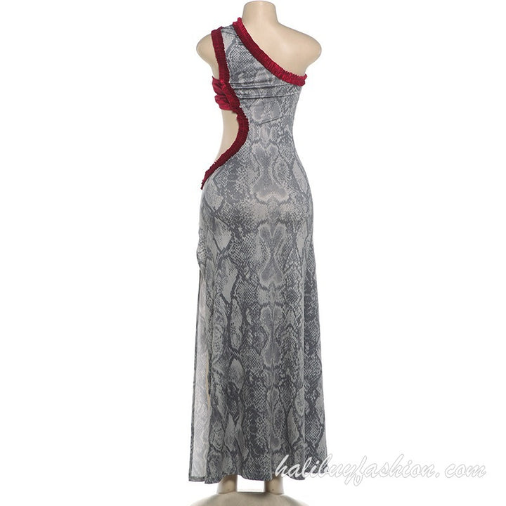 One shoulder snakeskin print hollow out high slit ruffle maxi dress - Halibuy - 13
